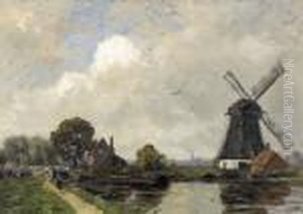 Windmuhle Mit Gehoft An Einem Kanalufer. Oil Painting by Gilbert Von Canal