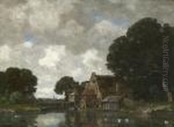 Hollandische Flusslandschaft Mit
 Muhle. Oil Painting by Gilbert Von Canal