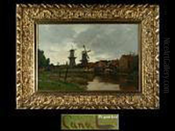 Hollandischer Ort Mit Zwei Windmuhlen Am Gewasser Oil Painting by Gilbert Von Canal