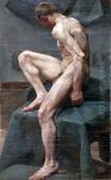 A Seated Male Model Oil Painting by Angelo Graf von Courten