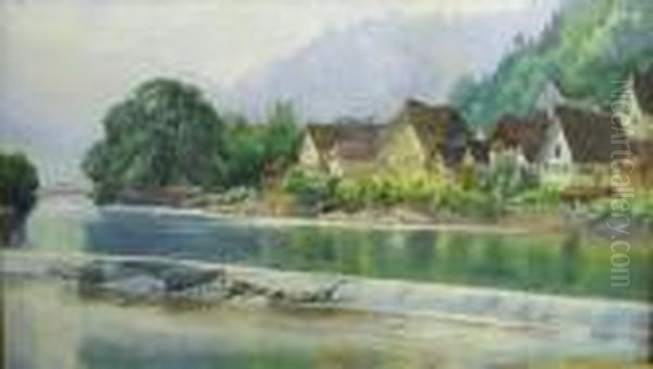 'gernsbach' Near Baden Baden, River View With Chalets Oil Painting by Helga Von Cramm