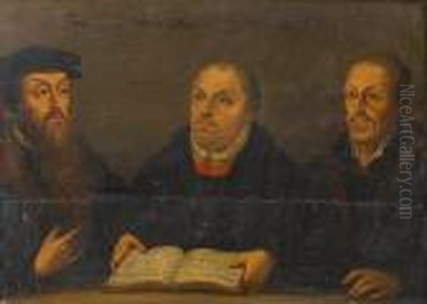 Portrait Of Martin Luther, 
Half-length, Holding A Book With Two Other Gentlemen In Black Costume Oil Painting by Lucas The Elder Cranach