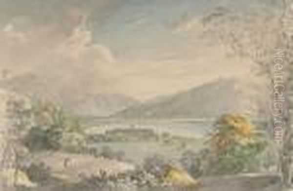 Blick Auf Kloster Tegernsee, Im Hintergrund Die Kirche Von Egern. Oil Painting by Georg Maximilian Johann Von Dillis