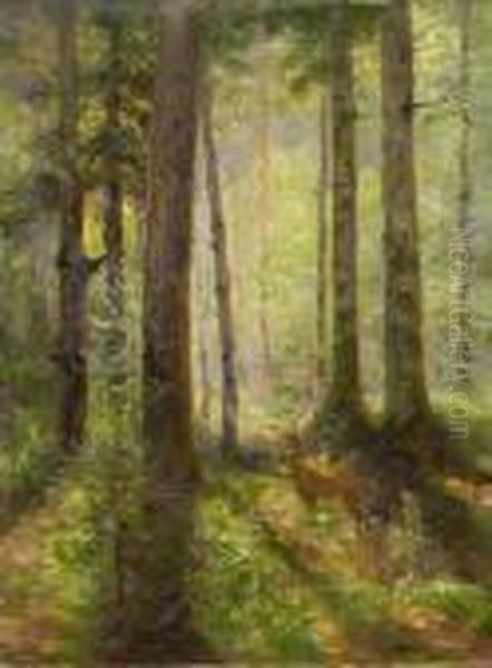 Rehbock Auf Waldlichtung Oil Painting by Carl Ritter Von Dombrowski