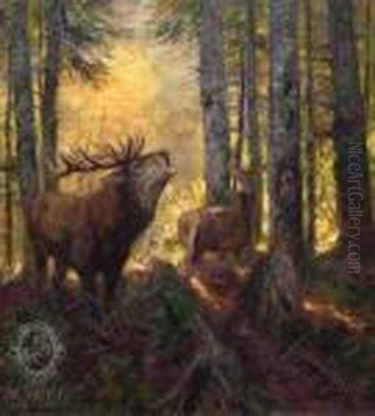 Woods Inside With Deer And Doe Oil Painting by Carl Ritter Von Dombrowski