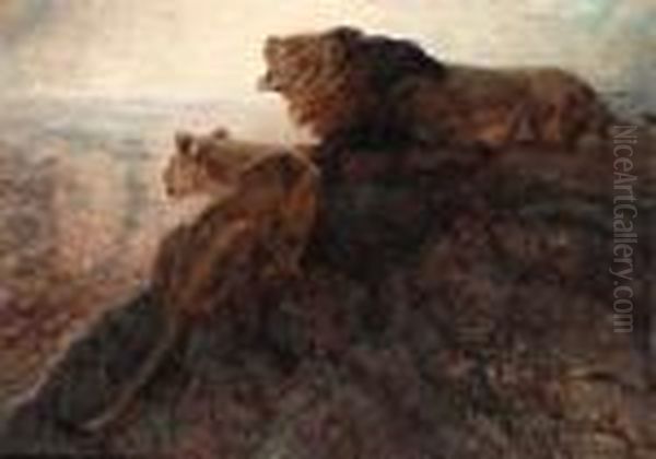 Lion And Lioness On A Rocky Outcrop Oil Painting by Carl Ritter Von Dombrowski