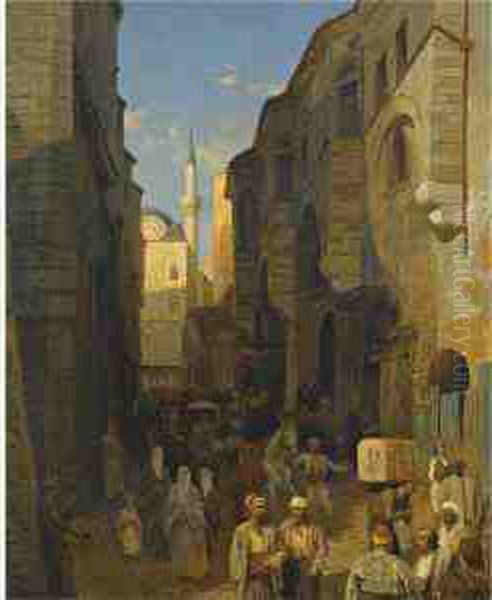 A Busy Street In Tangiers Oil Painting by Themistocles Von Eckenbrecher