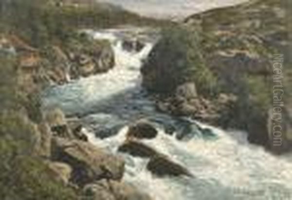 Norwegische Flusspartie Im Sommer. Oil Painting by Themistocles Von Eckenbrecher