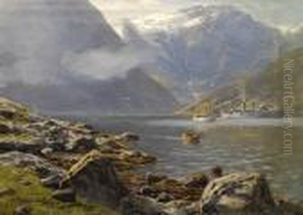 Paesaggio A Naerofjord Oil Painting by Themistocles Von Eckenbrecher