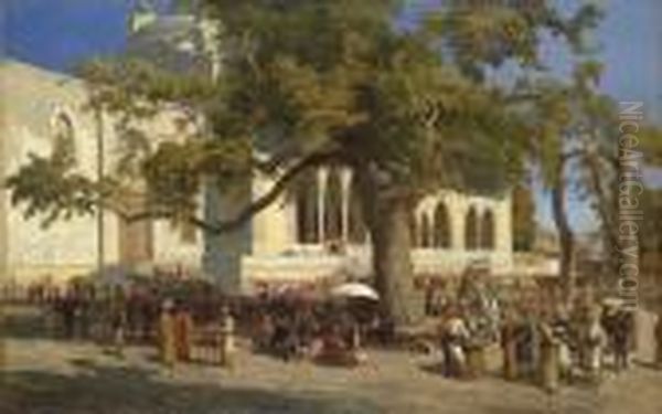 A Busy Market In The Courtyard Of The New Mosque, Istanbul Oil Painting by Themistocles Von Eckenbrecher