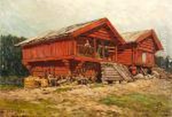 Bauernhutte In Bortnaes Hallingdal. Oil Painting by Themistocles Von Eckenbrecher