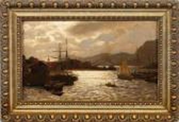 Norwegische Fjordlandschaft Mit Schiffen Im Abendlicht Oil Painting by Themistocles Von Eckenbrecher