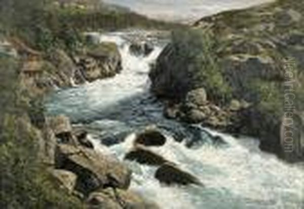 Norwegische Landschaft Mit Wasserfallen Und Hausern Oil Painting by Themistocles Von Eckenbrecher