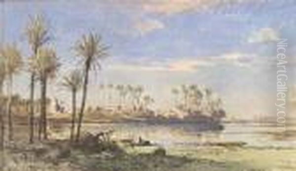 Eckenbrecher, Themistokles Von .
 Nile Landscape. Watercolour And Gouache On Paper, Mounted On Carboard, 
Monogrammed, Inscribed 