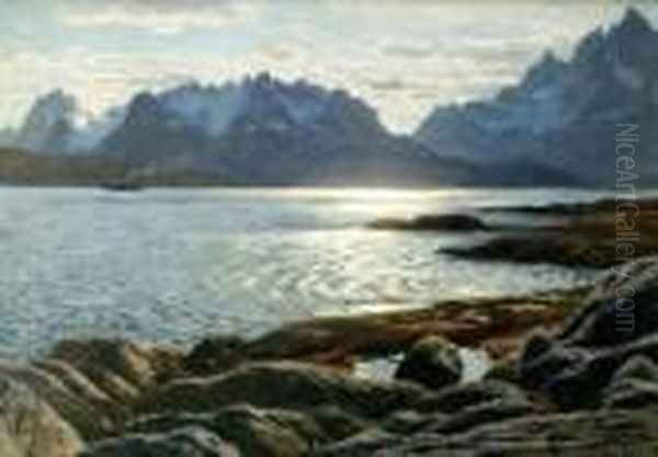 Abendstimmung Mit Dampfer An Der Wasserstrase Raftsund Zwischen Lofoten Und Vesteralen Oil Painting by Themistocles Von Eckenbrecher