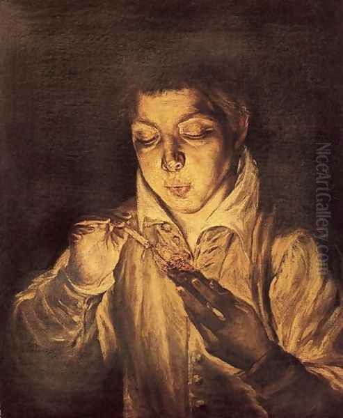 A Boy Blowing on an Ember to Light a Candle (Soplón) 1570-72 Oil Painting by El Greco (Domenikos Theotokopoulos)