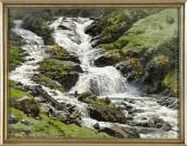 Wasserfall Am Naerofjord Oil Painting by Themistocles Von Eckenbrecher