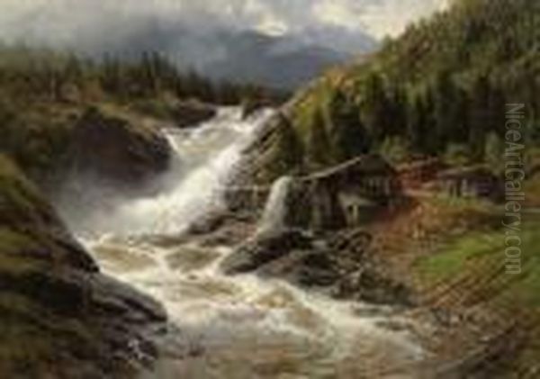 Norwegian Waterfall With Saw Mill. Oil Painting by Themistocles Von Eckenbrecher