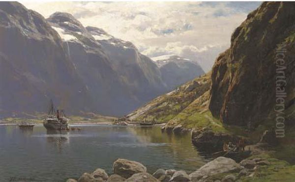 By Gudvangen Am Naerofjord: A Norwegian Fjord Oil Painting by Themistocles Von Eckenbrecher