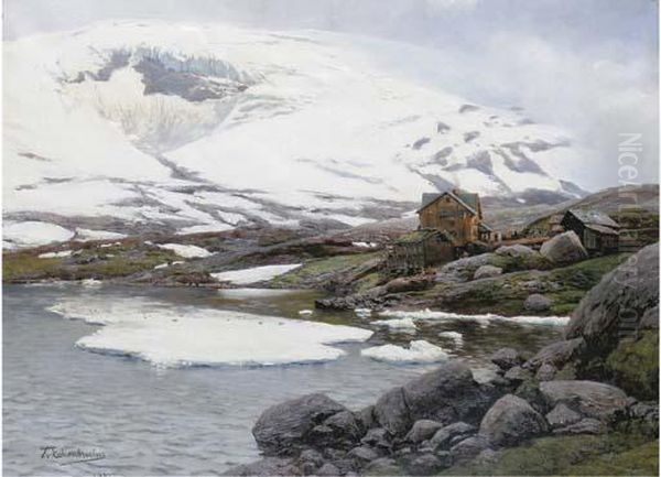 Am Ewigen Schnee Bei Djupvaihytte: At The Foot Of A Glacier Oil Painting by Themistocles Von Eckenbrecher