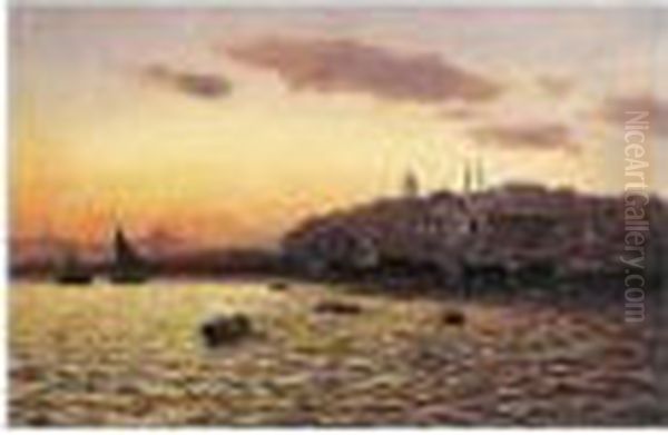 Boats Passing The Waterfront Of Karakoy Below The Galata Tower, Constantinople Oil Painting by Themistocles Von Eckenbrecher