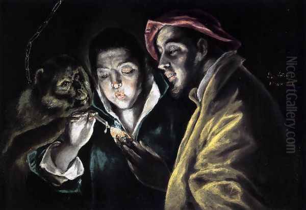 An Allegory with a Boy Lighting a Candle in the Company of an Ape and a Fool (Fábula) 1577-79 Oil Painting by El Greco (Domenikos Theotokopoulos)