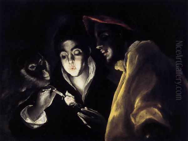 An Allegory with a Boy Lighting a Candle in the Company of an Ape and a Fool (Fábula) 1589-92 Oil Painting by El Greco (Domenikos Theotokopoulos)