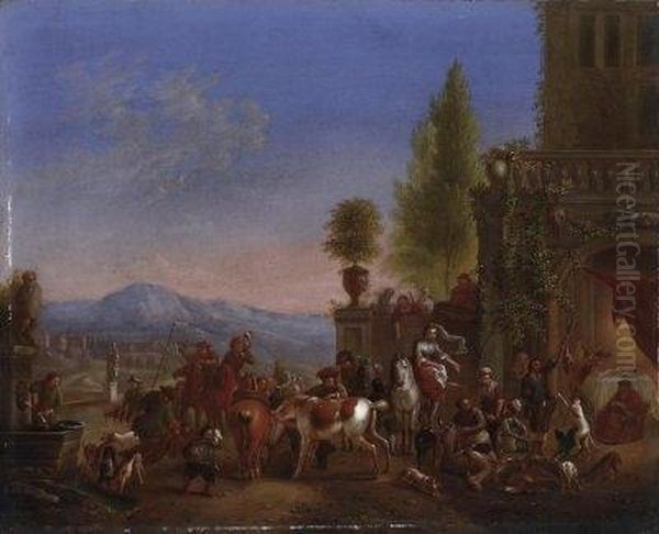 Homecoming From The Hunt. 
Horsemen, Servants And Maidens In Front Of The Palace. With Monogram 
Left On The Well: Cvf F Oil Painting by Carel van Falens or Valens