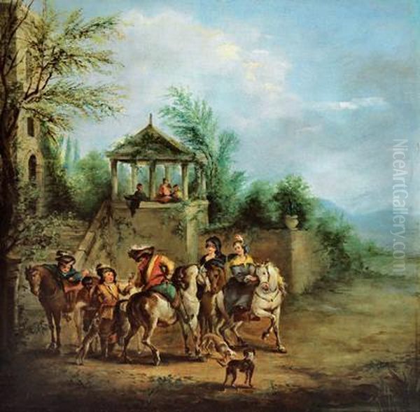 Cavalieri In Sosta Davanti Al Padiglione Di Un Parco Oil Painting by Carel van Falens or Valens