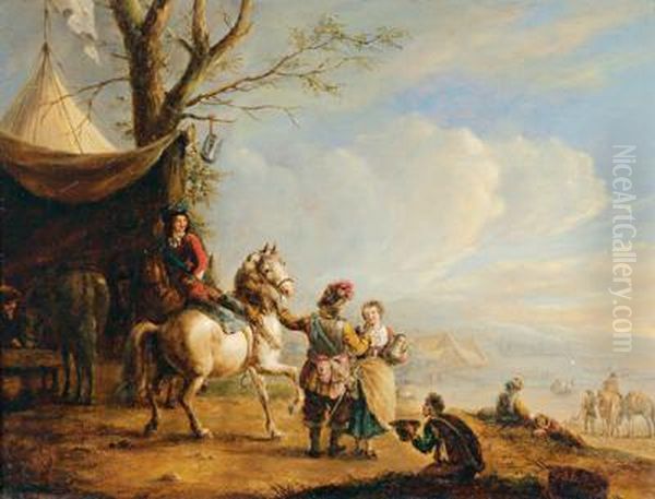 Cavalieri In Sosta Con Una Vivandiera Oil Painting by Carel van Falens or Valens