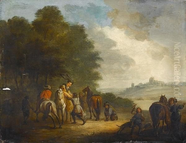 An Elegant Hunting Party In A Landscape Oil Painting by Carel van Falens or Valens