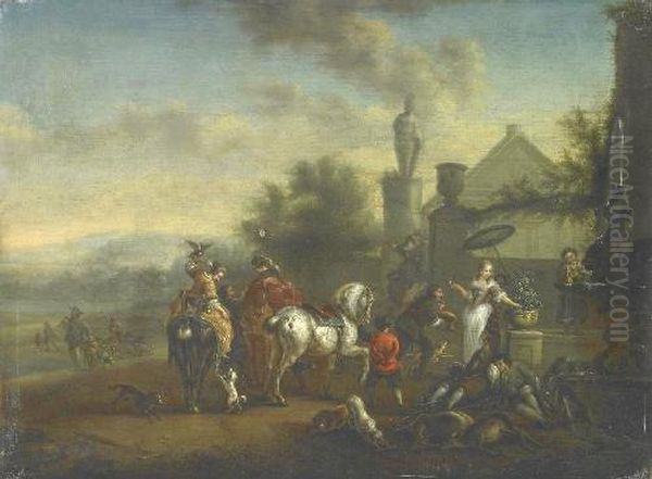 Courtly Hunting Company,halting By The Font Oil Painting by Carel van Falens or Valens