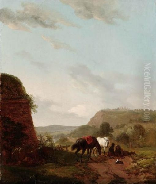 Paesaggio Con Cavalli E Viaggiatori Oil Painting by Carel van Falens or Valens