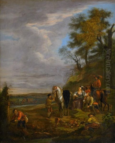 Landskap Med Jaktsallskap Oil Painting by Carel van Falens or Valens