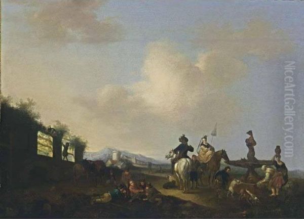 A Landscape With Horsemen, 
Figures And Dogs Gathered Around Afountain, A Village In The Distance Oil Painting by Carel van Falens or Valens