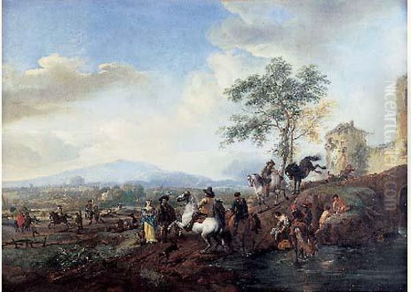 Cavaliers, Baigneurs Et Promeneurs Au Bord De La Riviere Oil Painting by Carel van Falens or Valens