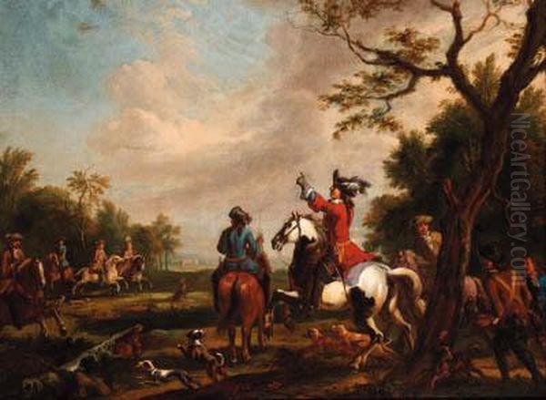 A Hawking Party In A Landscape Oil Painting by Carel van Falens or Valens