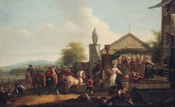 A Hunting Party Halting By A Fountain Outside A Villa Oil Painting by Carel van Falens or Valens