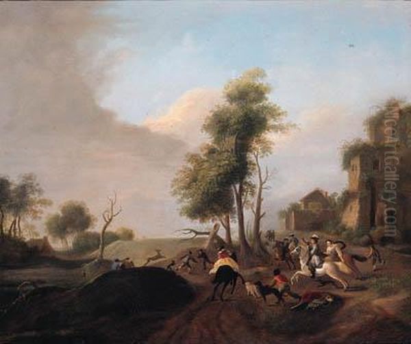 A Stag Hunt Oil Painting by Carel van Falens or Valens