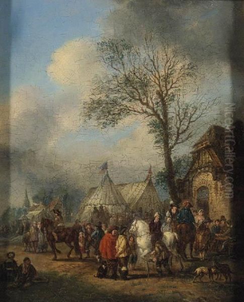 An Elegant Hunting Party About To Depart; And Horsemen And Otherfigures Before An Inn Oil Painting by Carel van Falens or Valens