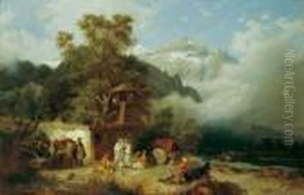 Gebirgslandschaft Im Kaukasus Mit Reicher Figurenstaffage. Oil Painting by Paul Von Franken