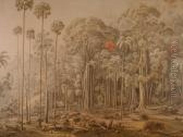 Woodcutters In A Forest Clearing, Stylised Birds In A Jungle Clearing Oil Painting by Eugene von Guerard