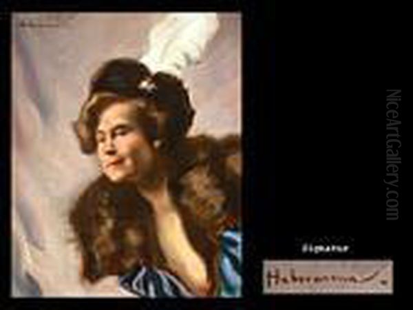 Portrait Einer Dame Mit Hut Und Feder Oil Painting by Hugo, Freiherr Von Habermann