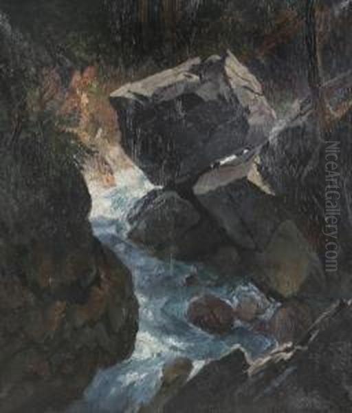 Waldschlucht In Der Floite (zillertal) Oil Painting by Eduard, Freiherr Von Handel-Mazetti