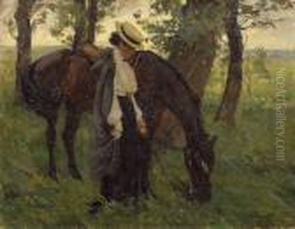 Reiterin Mit Grasendem Pferd Unter Baumen Oil Painting by Hans von Hayek