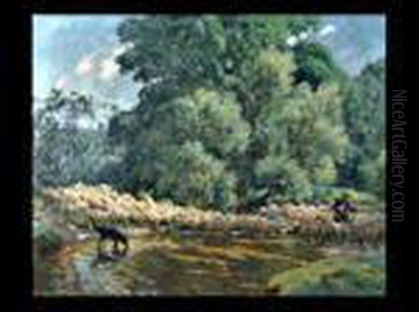 Der Hirte Und Seine Schafherde Am Flusslauf Oil Painting by Hans von Hayek