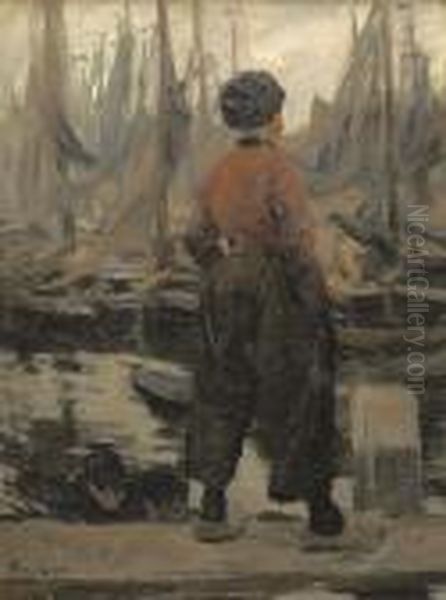 A Volendam Fisherman Looking Over The Harbour Oil Painting by Hans von Hayek