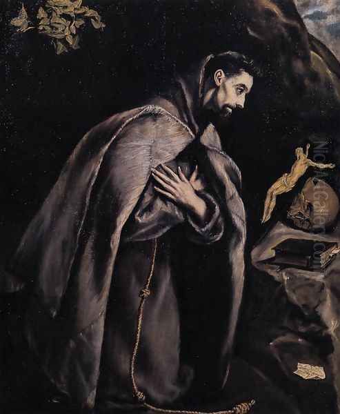 St Francis in Prayer before the Crucifix 1585-90 Oil Painting by El Greco (Domenikos Theotokopoulos)