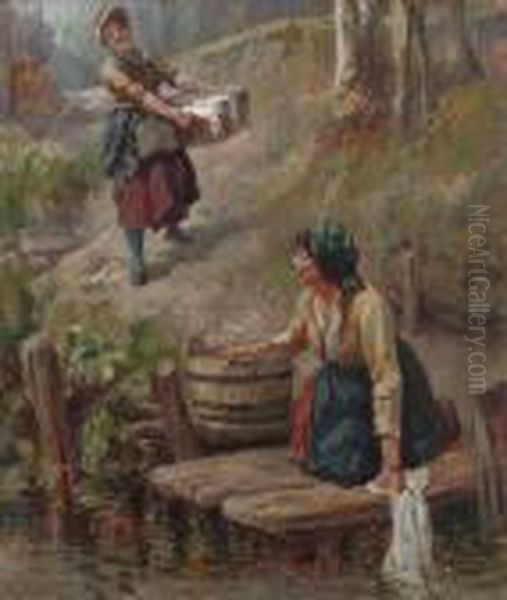 Wascherinnen Am Bach Oil Painting by Sir Hubert von Herkomer