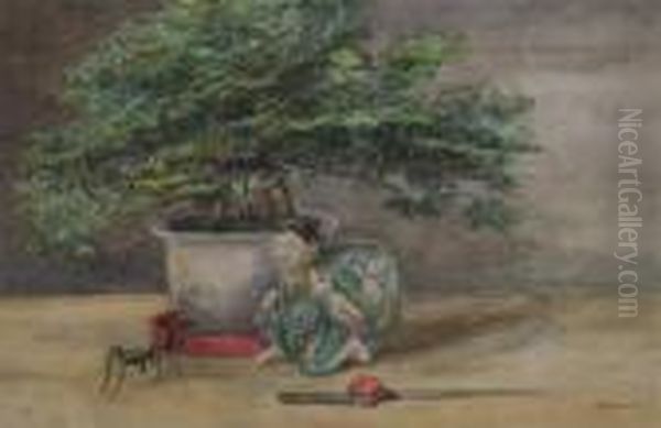 Still Life With Bonsai And Mantis Oil Painting by Sir Hubert von Herkomer